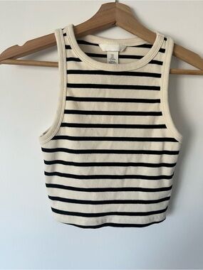 H&M Black & Cream Striped Ribbed Crop Tank Top